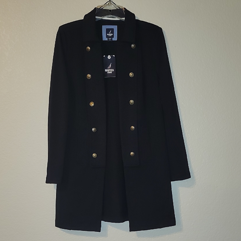NWT Nautica Jeans Women's Elegant Black Open-Front Jacket | Military | Band | S